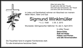 Traueranzeige von Sigmund Winklmüller von Frankenpost