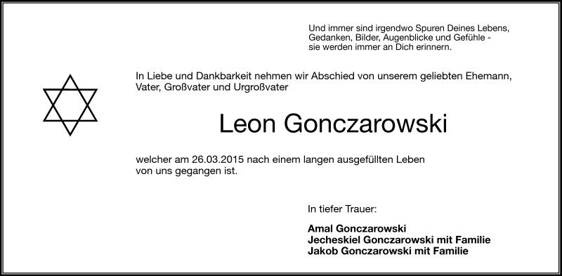  Traueranzeige für Leon Gonczarowski vom 28.03.2015 aus Frankenpost