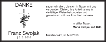 Traueranzeige von Franz Swojak von Frankenpost