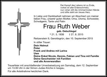 Traueranzeige von Ruth Weber von Frankenpost