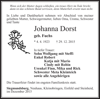 Traueranzeige von Johanna Dorst von Südthüringer Presse
