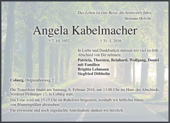 Traueranzeige von Angela Kabelmacher von Neue Presse Coburg