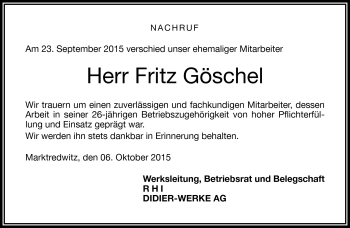 Traueranzeige von Fritz Göschel von Frankenpost