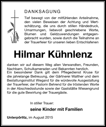 Traueranzeige von Hilmar Kühnlenz von Südthüringer Presse
