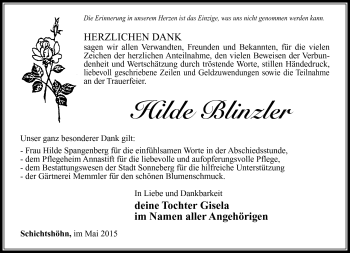 Traueranzeige von Hilde Blinzler von Südthüringer Presse