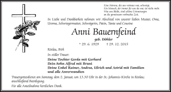 Traueranzeige von Anni Bauernfeind von Frankenpost