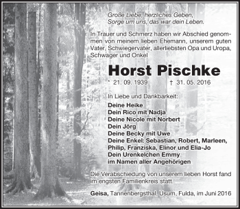 Traueranzeige von Horst Pischke von Südthüringer Presse