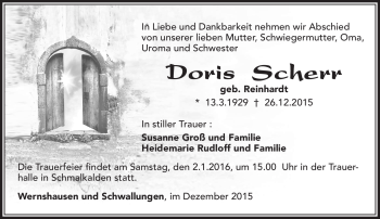 Traueranzeige von Doris Scherr von Südthüringer Presse