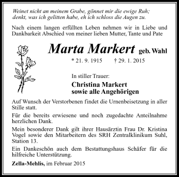 Traueranzeige von Marta Markert von Südthüringer Presse