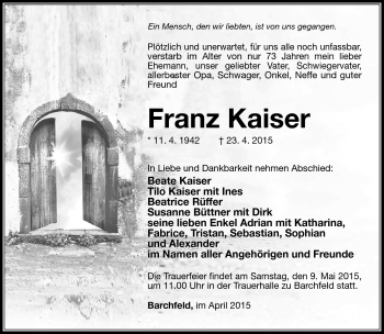 Traueranzeige von Franz Kaiser von Südthüringer Presse