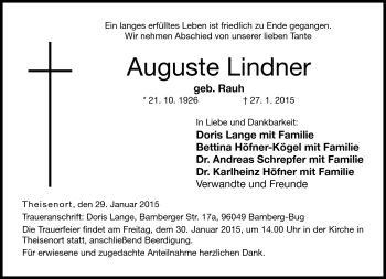 Traueranzeige von Auguste Lindner von Neue Presse Coburg