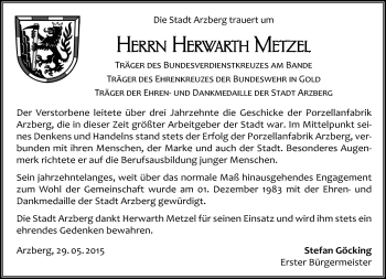 Traueranzeige von Herwarth Metzel von Frankenpost