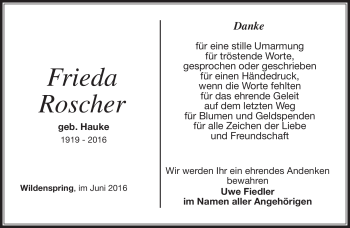 Traueranzeige von Frieda Roscher von Südthüringer Presse