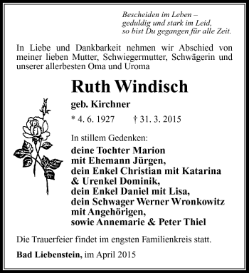 Traueranzeige von Ruth Windisch von Südthüringer Presse