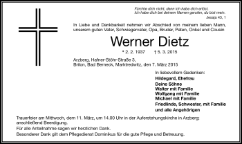 Traueranzeige von Werner Dietz von Frankenpost