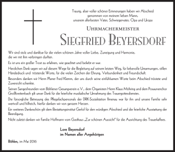 Traueranzeige von Siegfried Beyersdorfer von Südthüringer Presse