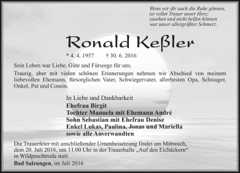 Traueranzeige von Ronald Keßler von Südthüringer Presse