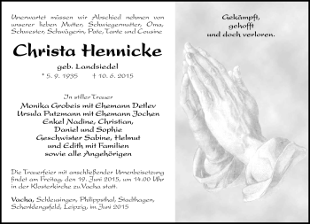 Traueranzeige von Christa Hennicke von Südthüringer Presse