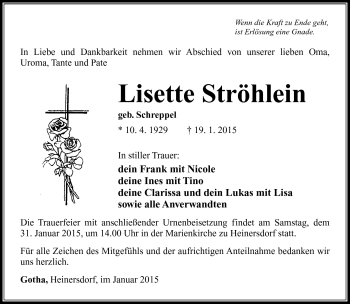 Traueranzeige von Lisette Ströhlein von Südthüringer Presse