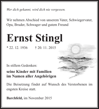 Traueranzeige von Ernst Stingl von Südthüringer Presse