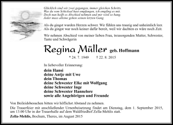 Traueranzeige von Regina Müller von Südthüringer Presse