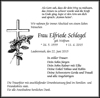 Traueranzeige von Elfriede Schlegel von Frankenpost