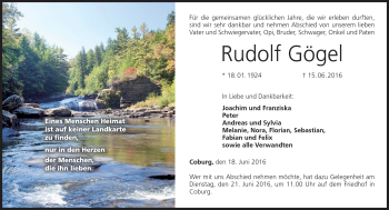 Traueranzeige von Rudolf Gögel von Neue Presse Coburg