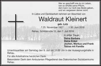 Traueranzeige von Waldraut Kleinert von Frankenpost