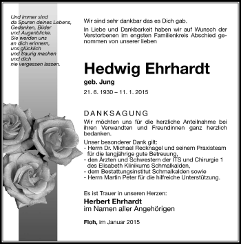 Traueranzeige von Hedwig Ehrhardt von Südthüringer Presse