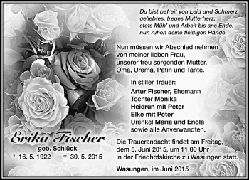Traueranzeige von Erika Fischer von Südthüringer Presse