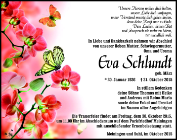 Traueranzeige von Eva Schlundt von Südthüringer Presse