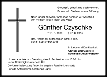 Traueranzeige von Günther Czyschke von Frankenpost