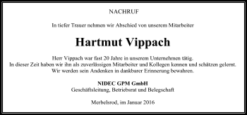 Traueranzeige von Hartmut Vippach von Südthüringer Presse