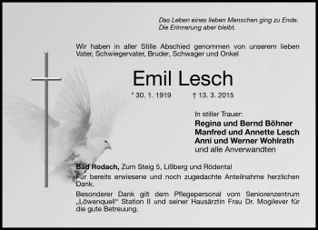 Traueranzeige von Emil Lesch von Neue Presse Coburg