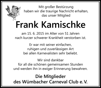Traueranzeige von Frank Kamischke von Südthüringer Presse