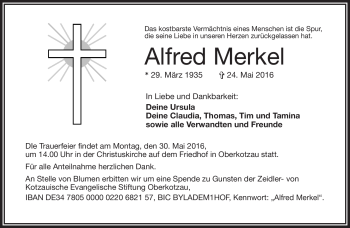 Traueranzeige von Alfred Merkel von Frankenpost