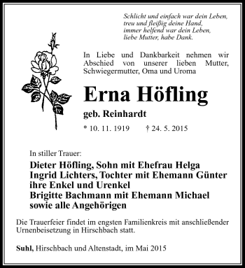 Traueranzeige von Erna Höfling von Südthüringer Presse