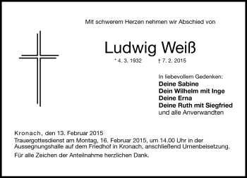 Traueranzeige von Ludwig Weiß von Neue Presse Coburg