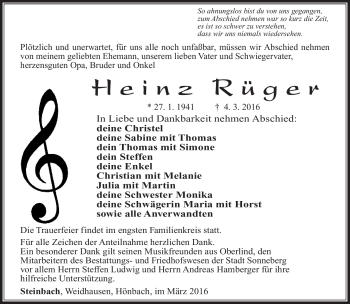 Traueranzeige von Heinz Rüger von Südthüringer Presse