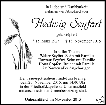 Traueranzeige von Hedwig Seyfart von Südthüringer Presse