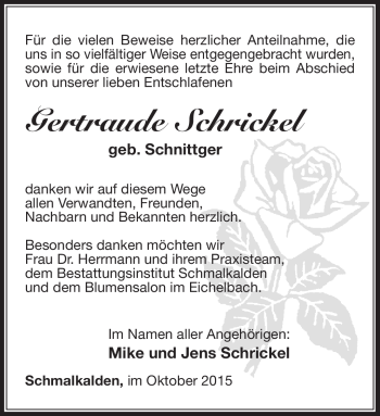 Traueranzeige von Gertraude schrickel von Südthüringer Presse