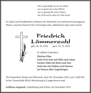 Traueranzeige von Friedrich Lämmerzahl von Südthüringer Presse