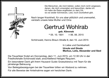 Traueranzeige von Gertrud Wohlrab von Frankenpost