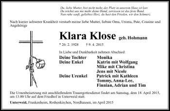 Traueranzeige von Klara Klose von Südthüringer Presse