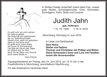 Traueranzeige von Judith Jahn von Frankenpost