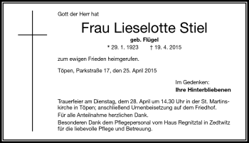 Traueranzeige von Lieselotte Stiel von Frankenpost