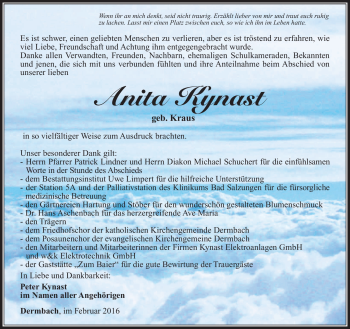 Traueranzeige von Anita Kynast von Südthüringer Presse