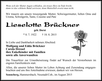 Traueranzeige von Lieselotte Brückner von Südthüringer Presse