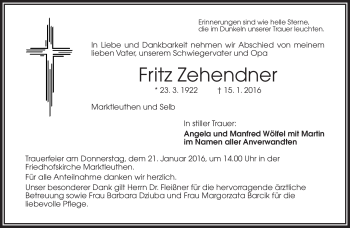 Traueranzeige von Fritz Zehendner von Frankenpost