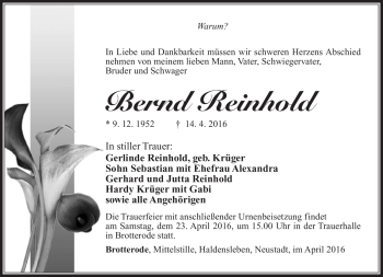 Traueranzeige von Bernd Reinhold von Südthüringer Presse